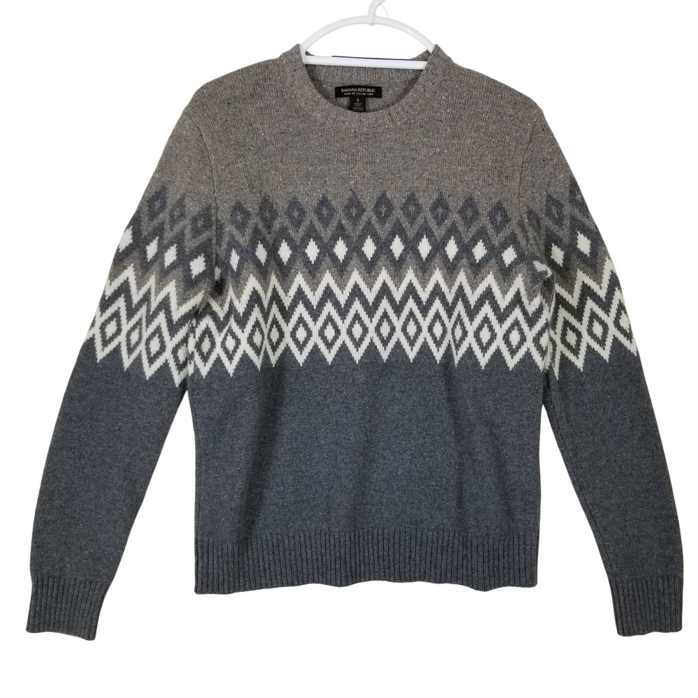 Banana Republic Merino Wool Fair Isle Sweater Grey Geometric Italian Yarn Small